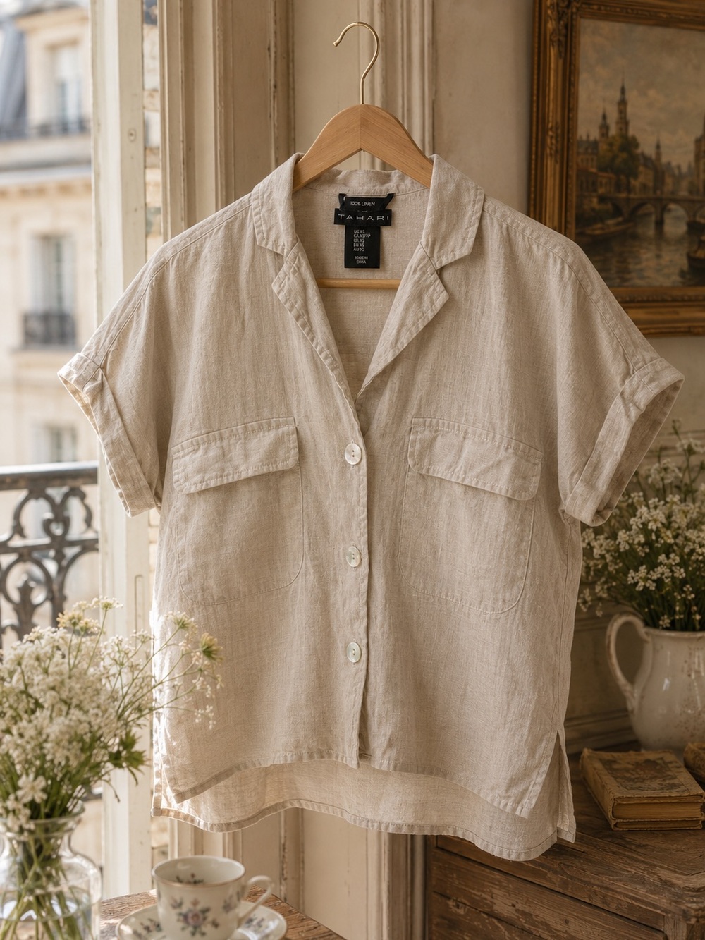 Tahari 100% Linen Short Sleeve Button Front Shirt XS Light Khaki